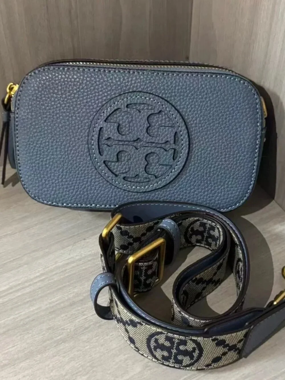 Tory Burch Navy Pebbled Leather Mini Camera Bag